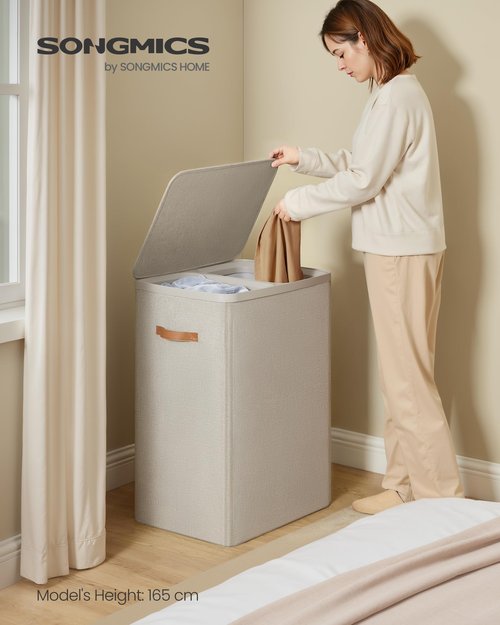 SONGMICS Laundry Basket, 44.9 Gal. Laundry Hamper, 2 Compartments, Easy Assembly, with Lid and Handles, Removable Inner Bags, 22 x 15.7 x 29.5 Inches, Cappuccino Beige ULCB813L01