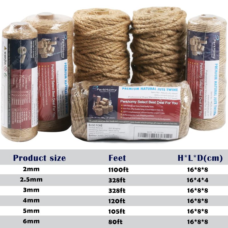 PerkHomy 5mm Jute Rope 105 Feet Twisted Heavy Duty and Thick Twine Rope for Cat Scratcher Scratching Post Tree Craft Projects Gardening Home Decoration Packing Bundling (105FT * 5mm)