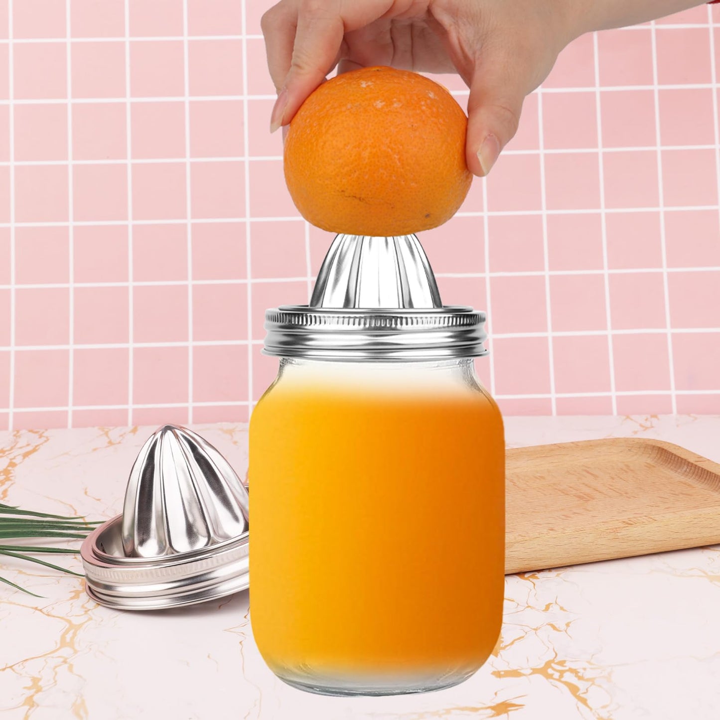 2pcs Mason Jar Juicer Lids for 3.38 Inch Wide Mouth Mason Jar, Stainless Steel Screw Top Lemon Juice Squeezer Lifestyle Manual Hand Juicer Accessories for Citrus Orange Lime