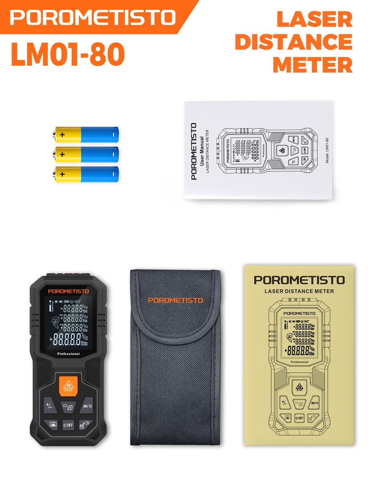 Laser Distance Meter POROMETISTO 262ft/80m, Digital Angle Finder,12 Modes for Angle Area Volume Pythagorean Distance, ±2mm High Accuracy, Tripod Interface Design Handheld Digital Rangefinder