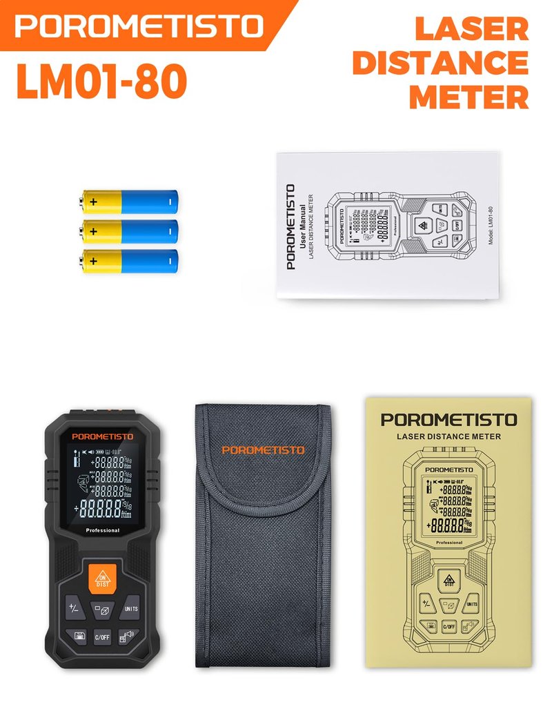 Laser Distance Meter POROMETISTO 262ft/80m, Digital Angle Finder,12 Modes for Angle Area Volume Pythagorean Distance, ±2mm High Accuracy, Tripod Interface Design Handheld Digital Rangefinder