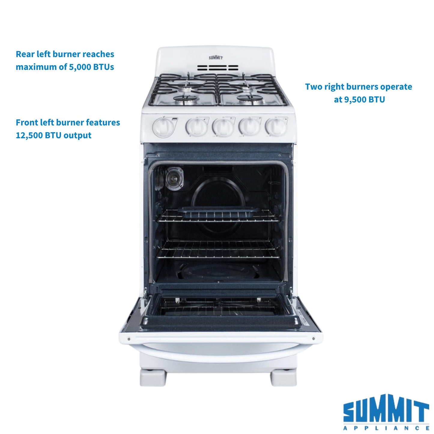 Summit 20” Gas Range, 4 Burners, Full 2.3 cu.ft Oven - (ADA Compliant) - RG200WS