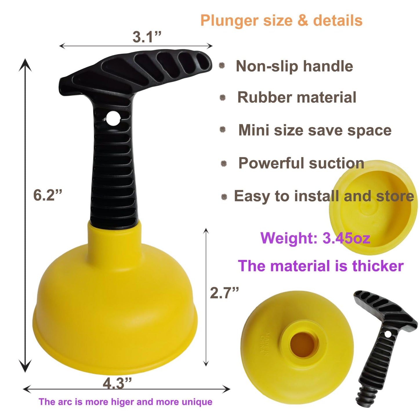 Mini Sink & Drain Plunger with Short Handle - Heavy-Duty Rubber Cup & Ergonomic Grip for Powerful Suction, Unclog Slow Drains in Sinks, Tubs, Showers, Bathrooms, Kitchens, Compact, Space-Saving Design