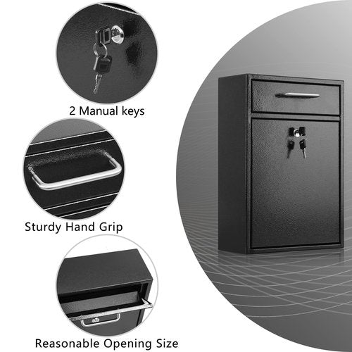 xydled Metal Mailbox Wall Mount, Large Locking Mailbox with Key Lock, Hanging Secure Postbox, Security Key Drop Box, Collection Boxes, Black, 17.6H x 12.2L x 5.7W Inches, XL Large