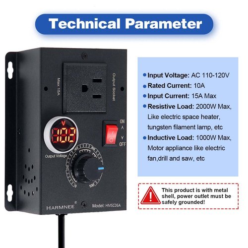 HARMNEE AC Motor Speed Controller 110-120V / 10A Rated / 15A Max, AC Electronic Voltage Regulator with Black-Coated Matt Metal Shell & Voltage LED Display Screen