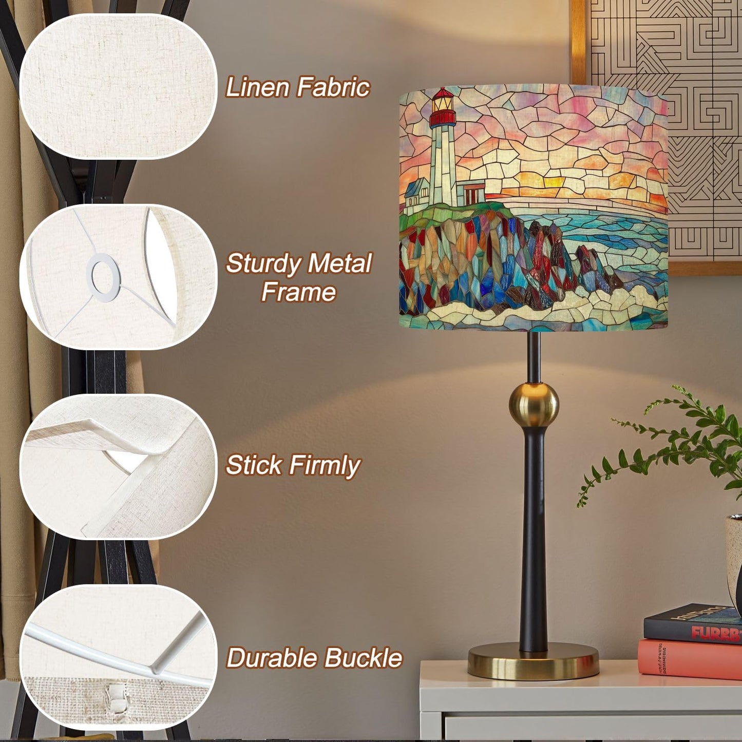 Modern Lampshades Lamp Shades 11"x11"x9" Intricate Stained Glass Lighthouse Art Pastel Sky Waves Light Shade for Table Lamps Floor Lamps Drum Lamp Shades Lampshade Replacement