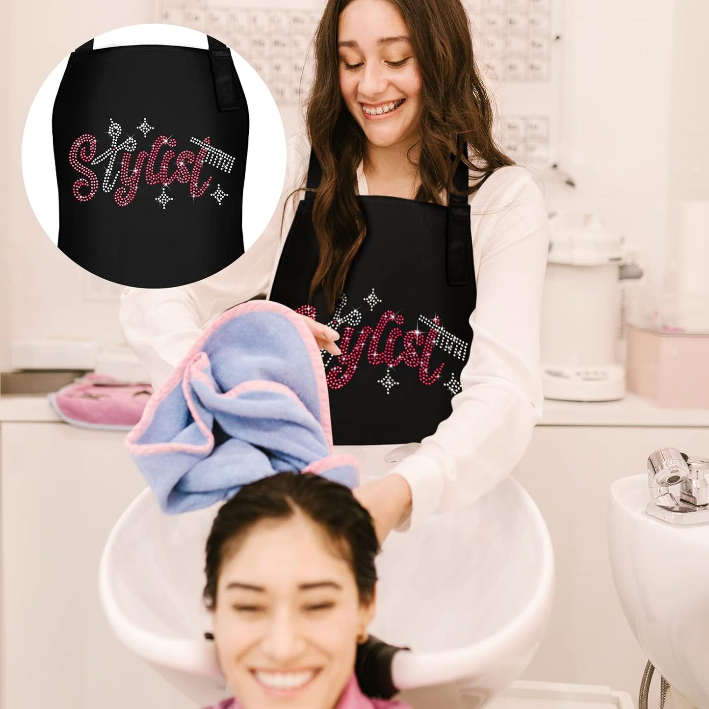 Coume 2 Pcs Hair Stylist Apron Hairstylist Salon Apron with Rhinestone Tools 3 Pockets Waterproof Hairdresser Barber