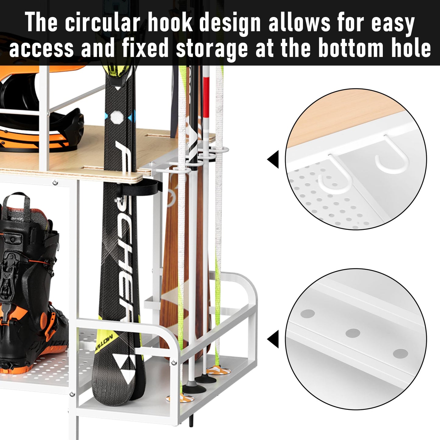 bimiti Freestanding Ski Rack for Garage, 2-Tier Ski Organizer with Storage for 4 Pairs of Skis, Boots, Poles, Goggles & Helmet, Space-Saving Ski Storage Rack for Home