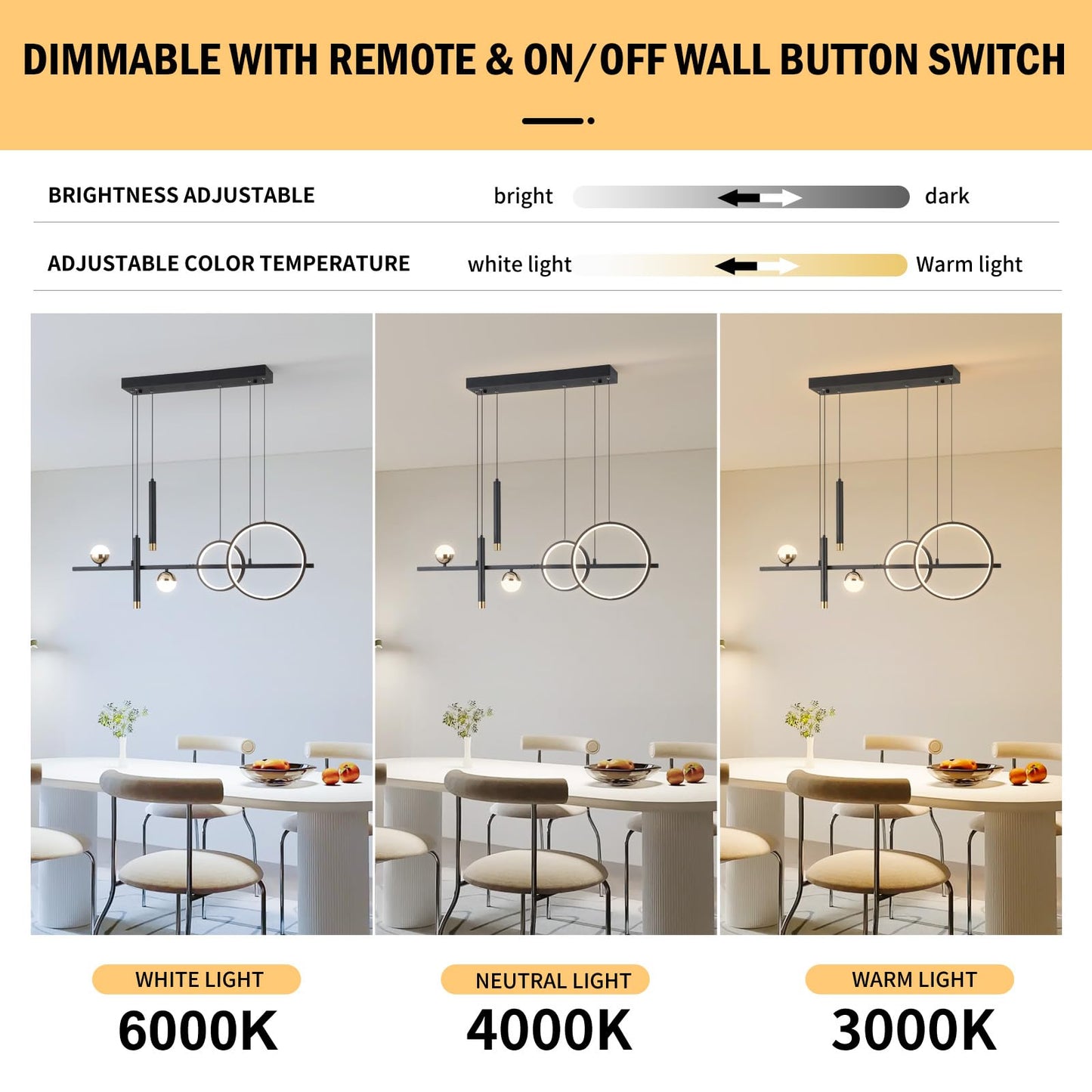 ORANOOR Modern LED Pendant Lights, Dimmable 39in Linear Wave LED Chandelier Lighting, Black & Gold Dining Room Hanging Light Fixtures Kitchen Island Globe Pendant Light for Dining Table (2704lm)