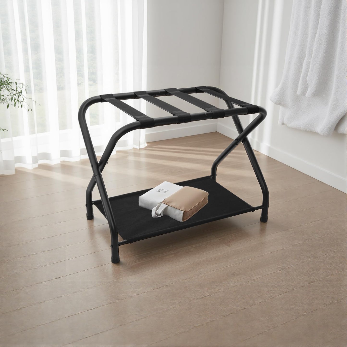 ZEKEYUN 2 Pack Luggage Rack with Storage Shelf, Steel Folding Suitcase Stand, Black Luggage Stand for Indoor Bedroom, Living Room and Outdoor Camping, 27.5 x 14.2 x 20.7 Inches, Holds up to 100 lb