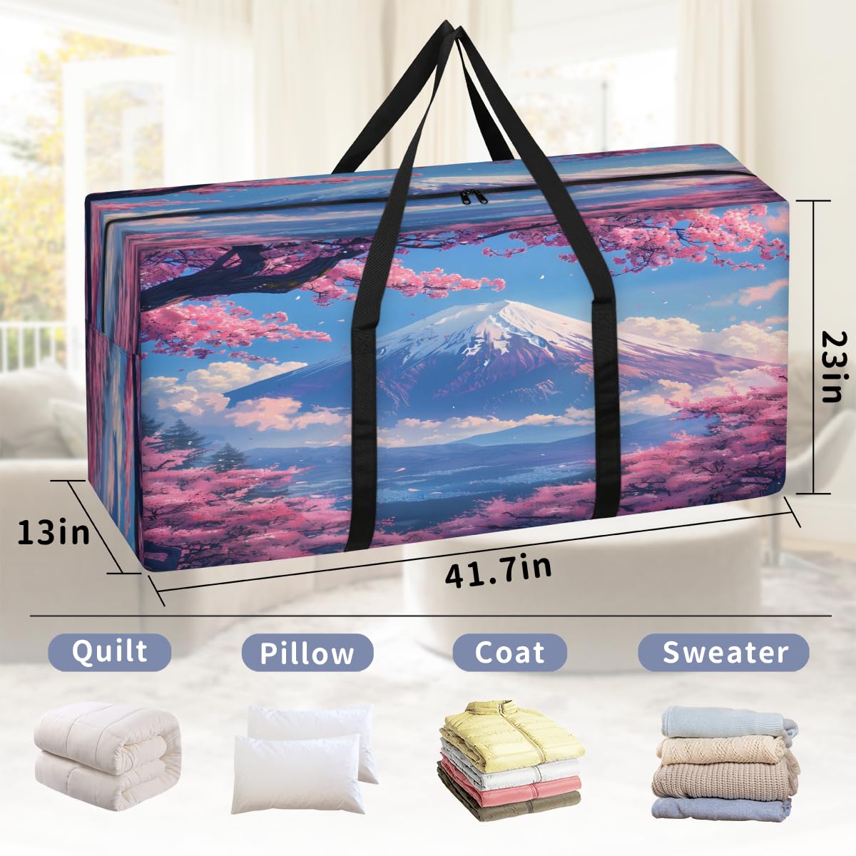 Adornori Asian Japanese Heavy Duty Extra Large Moving Bags, XXL Storage Totes Moving Boxes Cherry Blossom Mount Fuji Space Saving Packing Bags