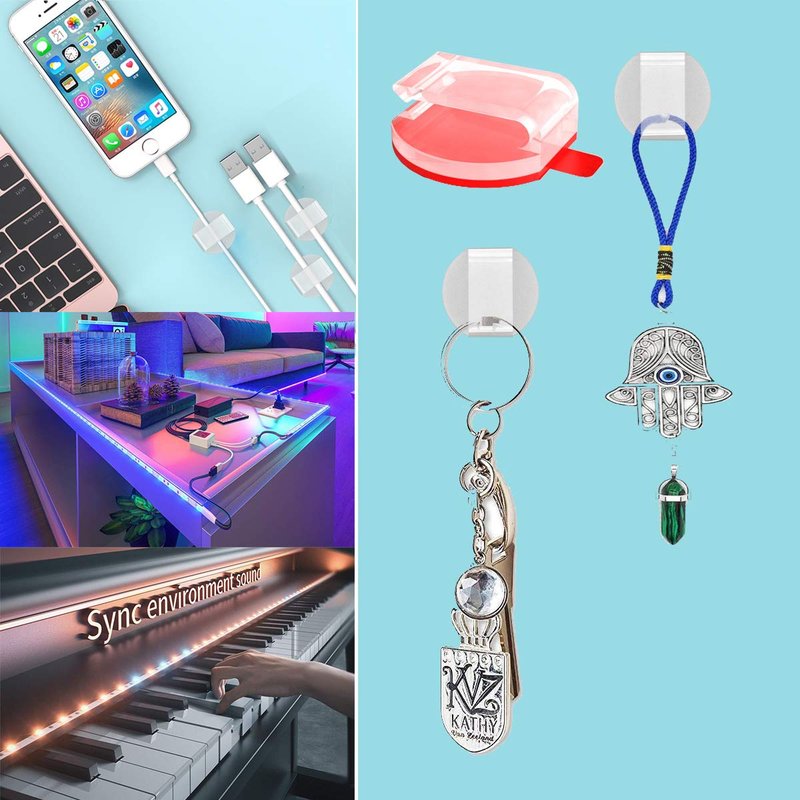 ATB- Clear LED Strip Light Mounting Clips,100 Pack Self-Adhesive Brackets Holders for10mm 12mm Waterproof LED Strips, USB Cable Management Clips for Wires Under 0.12 Inch Diameter, Strong V-HB Tape