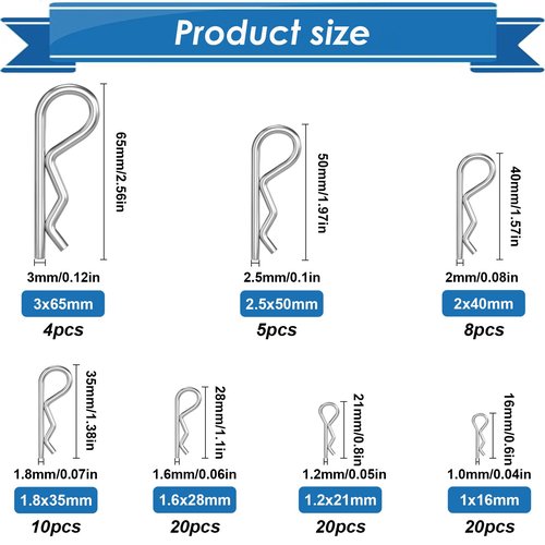 Eoppen Cotter Pin Assortment Kit 304 Stainless Steel 13 Sizes Hardware Pins & Hairpin R Clips for Hitch Pin Lock Systems