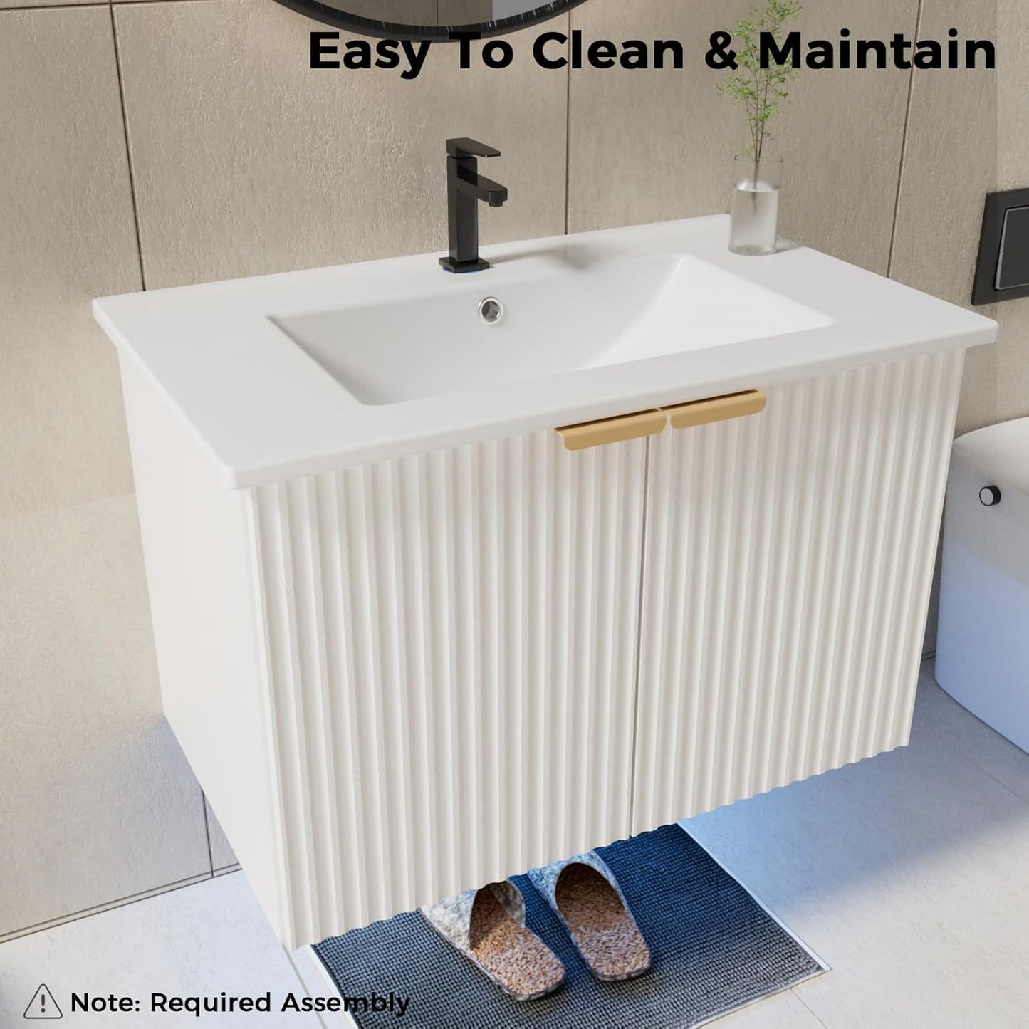 Bathroom Vanity with Sink, 30" Wall Mounted Floating Vanity Cabinet, Modern Bathroom Sinks with LED Light, Metal Handle & Double Soft-Close Doors, Black