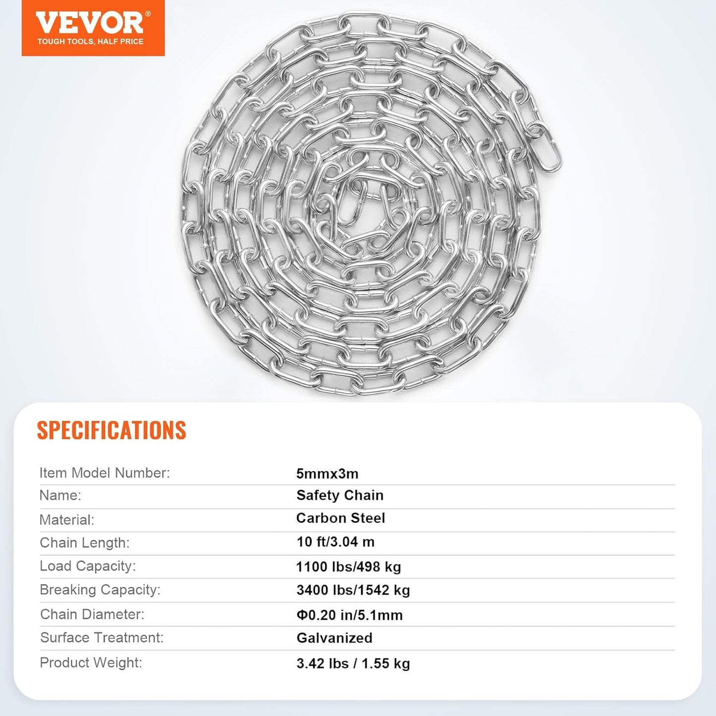 VEVOR Grade 30 Chain 3/16 Inch by 100Ft Length Grade 30 Proof Coil Chain Zinc Plated Grade 30 Chain for Towing Logging Agriculture and Guard Rails