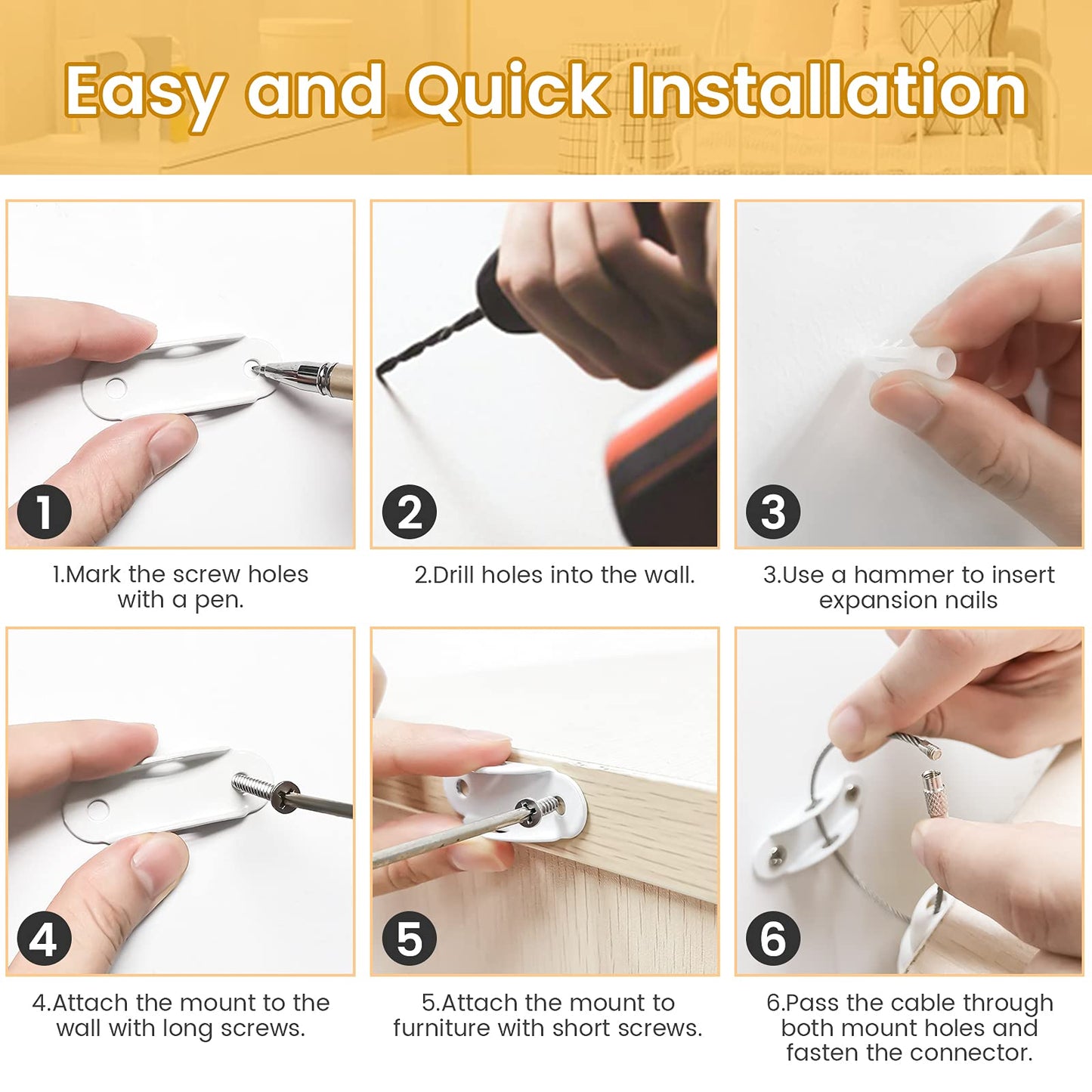 Booda Brand Furniture Anchors (10 Pack) for Baby Proofing, Furniture Straps Anti Tip Furniture Anchor Securing 400 lbs/Keep Baby Pet Safety from Falling Furniture, Metal White Earthquake Straps