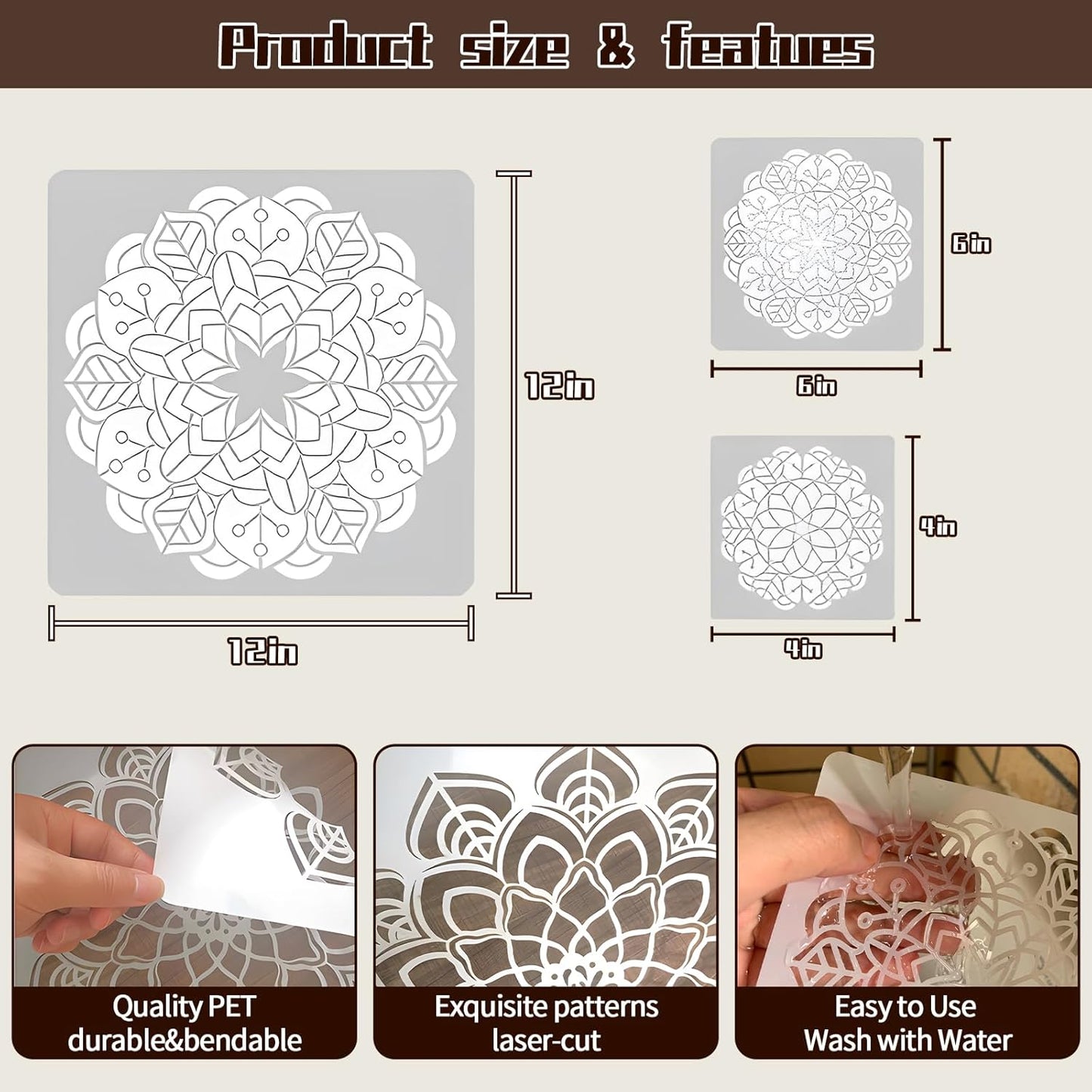 Mandala Stencils for Painting on Wood Wall Floor Furniture Tile Fabric, Small Rangoli Stencils Rock Painting Stencils for Home Decor (4 inch)