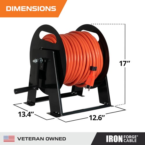 Iron Forge Cable RV Power Cord Reel Metal - Heavy Duty Extension Cord Reel, Holds 50ft 50 Amp RV Wire - Ball Bearing Spin, Powder-Coated Black Steel Frame, Floor or Wall Mountable Base