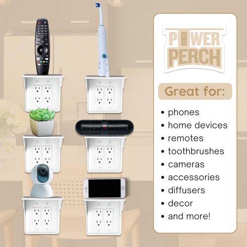 Storage Theory Power Perch Double Outlet Shelf with Cord Storage Strap – Wall Shelf for Echo Dot, Electric Toothbrush, Phone – Bedroom & Bathroom Organizer (White, 1-Pack)