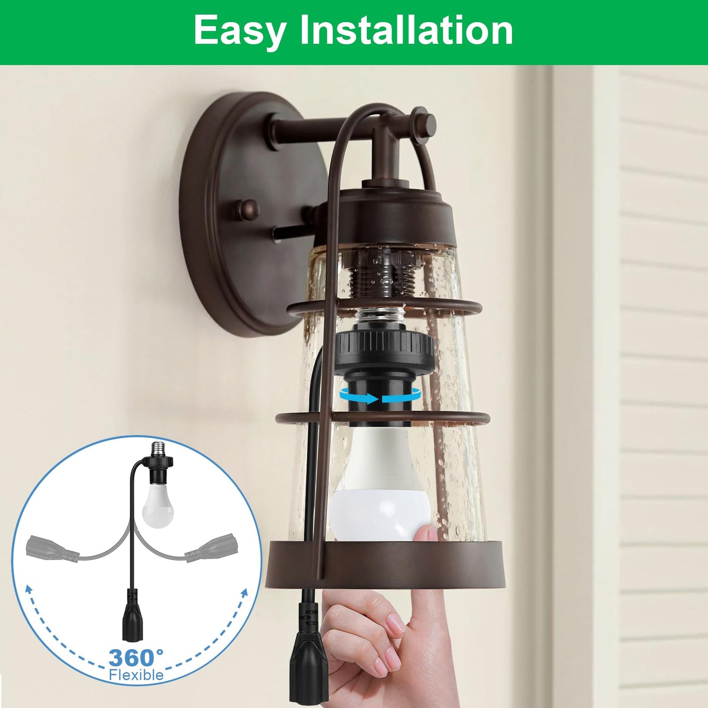 UYODM 3 in 1 Light Socket Outlet Adapter, Support 3 Prong Light Bulb Socket, E26/E27 Light Socket to Plug Adapter with Extension Cord for Garage, Porch, Patio, CCTV Camera(Black)