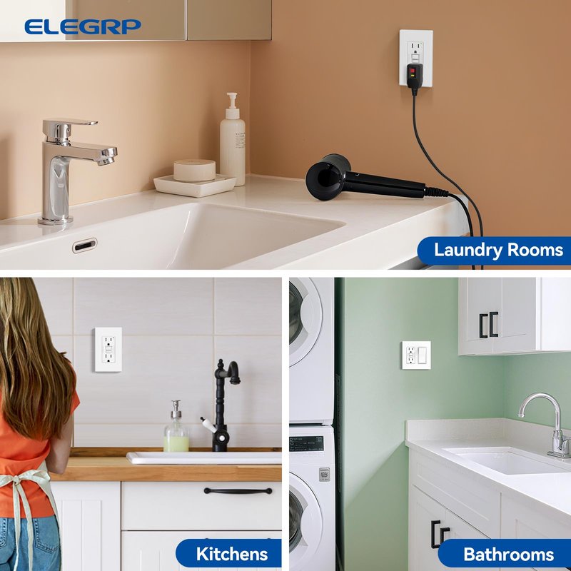 ELEGRP GFCI Outlet 15 Amp, Self-Test GFI Electrical Outlet with Thinner Design, TR Tamper Resistant GFCI Receptacle, Ground Fault Circuit Interrupters with Wall Plate, UL Listed, Matte White, 2 Pack