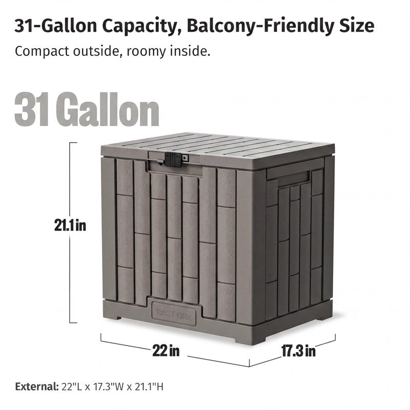 EAST OAK Outdoor Storage Box, 31 Gallon Deck Box, Waterproof Resin Storage Bin for Patio Cushions, Gardening Tools, Accessories, Lockable, UV Resistant, Brown