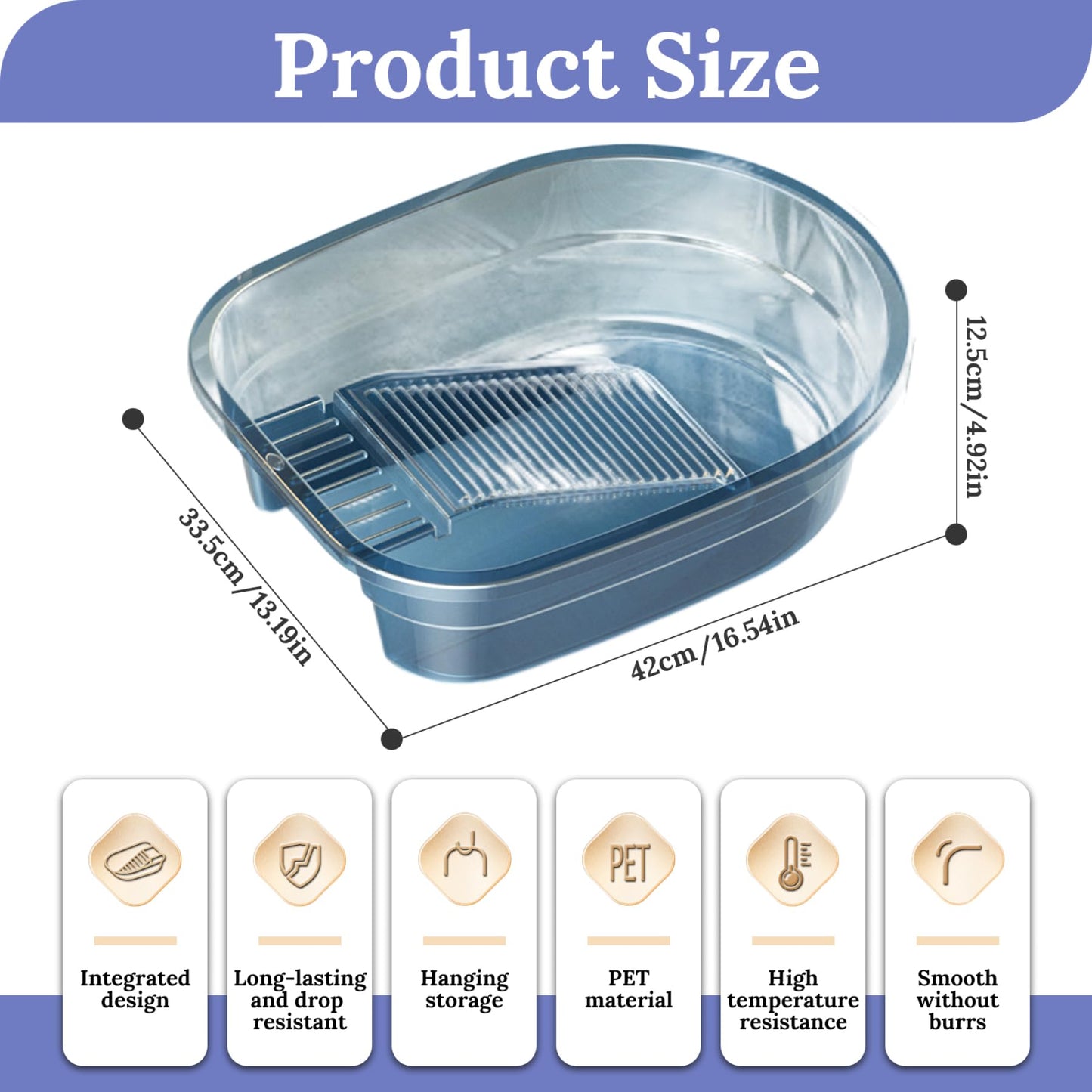 Washboard Basin 17x13x5 Inch Integrated Washboard with Non-Slip Pad Heavy Duty PET Wash Board for Hand Washing Clothes, Transparent Blue, Wash Board