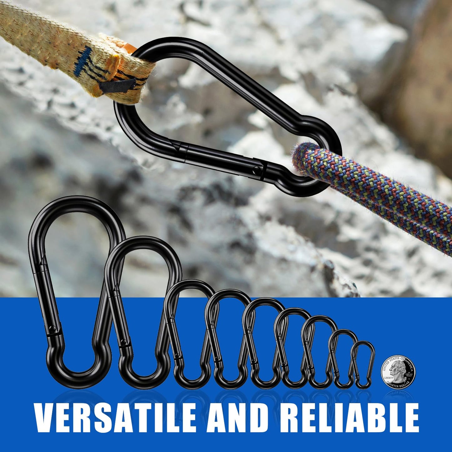 Large Carabiner Clip Hook, 7 inch 2 pcs Black Heavy Duty Spring Snap Hook Key Chain, Carabiners Clips for Outdoor Camping, Swing Set, Hammock, Hiking Travel, Fishing, Quick Link Keychain