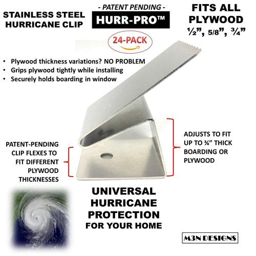 HURR-PRO Universal Hurricane Window Clips, Stainless, 1/2" to 3/4" One-Size-Fits-All, 24-Pack 6-Windows, Reusable Hurricane Clip, Patent Pending