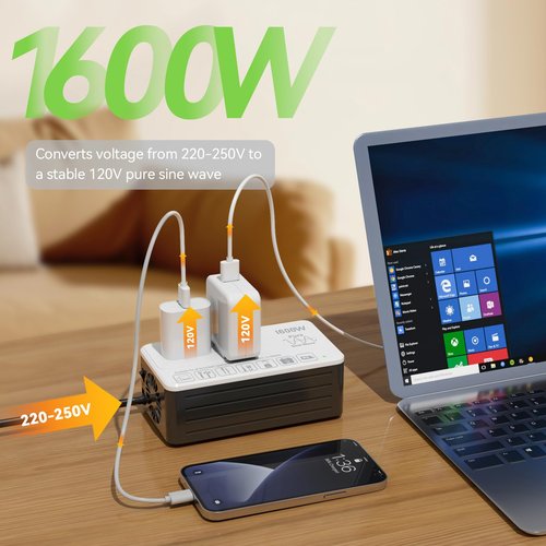 1600W Voltage Converter 220V to 110V, Pure Sine Wave - Power Any American Appliance Overseas, No Limitations, Surge Protection, Plug Adapters C, G, I, E/F for US to Europe, Asia Over 160 Countries