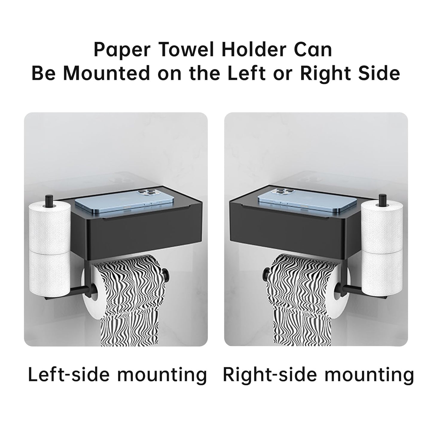 SEHAUSEU Paper Roll Holder, Wall-Mounted Bathroom Tissue Organizer with Storage Shelf, Modern Matte Black, 8.27L x 5.35W inches