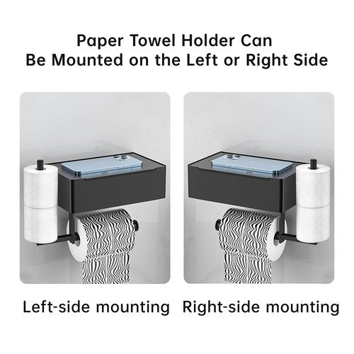 SEHAUSEU Paper Roll Holder, Wall-Mounted Bathroom Tissue Organizer with Storage Shelf, Modern Matte Black, 8.27L x 5.35W inches