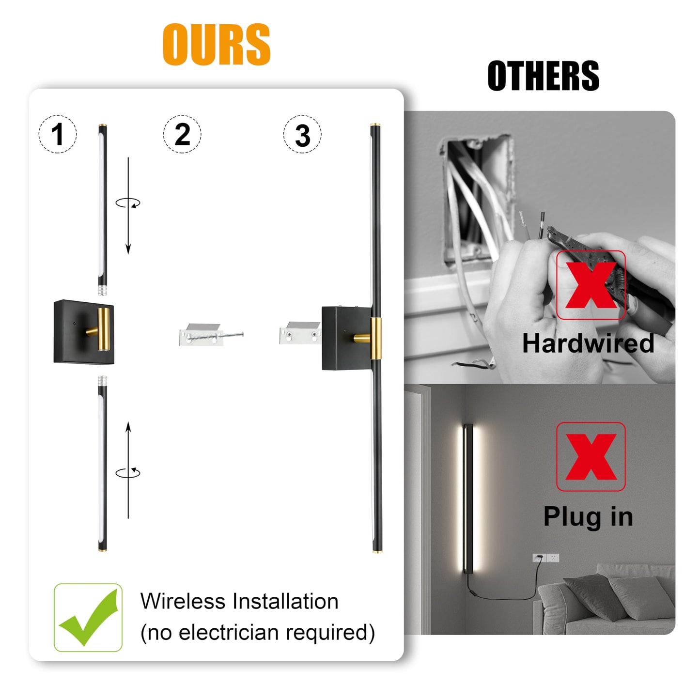 Morauroral Battery Operated Wall Sconces Set of 2, Dimmable Battery Wall Sconce with Remote Control, Black Gold LED Rechargeable Sconces, 24 Inch Modern Wireless Wall Lights for Bedroom, Living Room