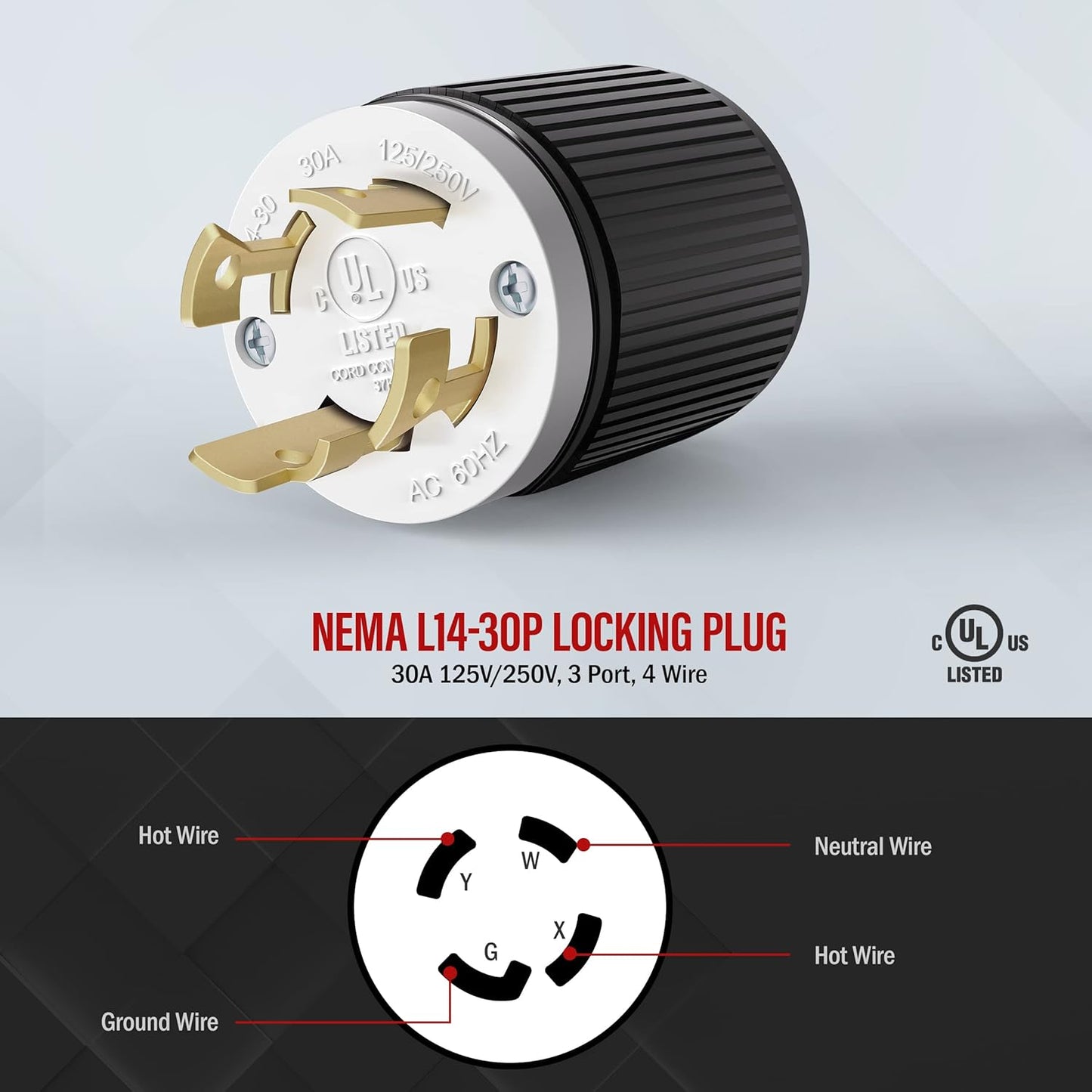 ENERLITES NEMA L14-30P Locking Plug Connector for Generator, Twist Lock Male Plug, 30 Amp, 125/250 Volt ,3 Pole, 4 Wire Grounding, Industrial Grade Heavy Duty, UL Listed, 66470-BK, Black