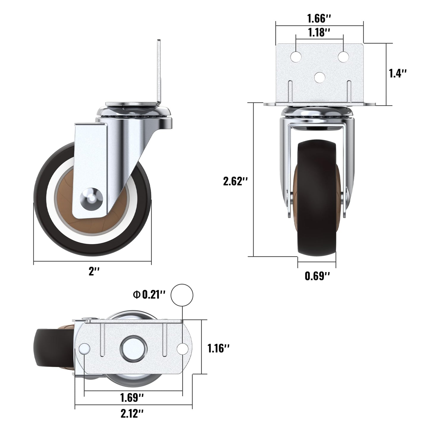 HOLKIE 2 Inch Side Mount Casters Set of 4 Supporting Up to 250 LBS Heavy Duty Furniture Wheels with Thickened L-Shaped Mounting Plate Ideal for Coffe Tables、Plant Stands、Cribs(2 with Brakes)