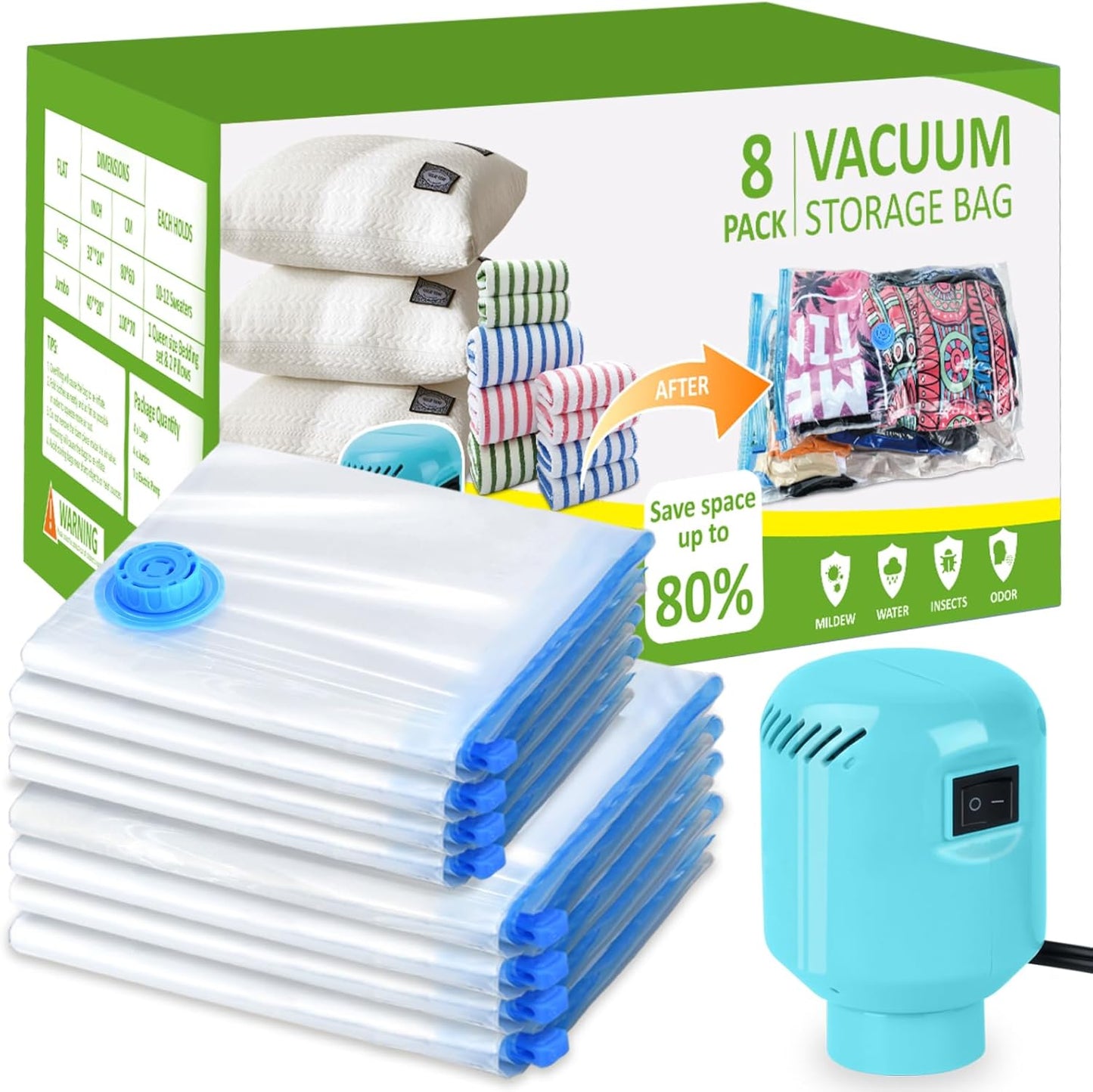 Vacuum Seal Bags for Clothing with Electric Pump, 15 Pack (3 Jumbo 3 Large 3 Medium 3 Small 3 Roll Up) Space Bags Vacuum Storage Bag for Travel, Luggage, Blankets, Bedding
