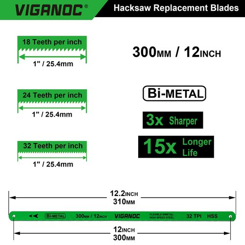 Viganoc 12" Hacksaw Replacement Blades Set, Bi-Metal High Speed Steel Hack Saw Blade Sets - 18T - 24T - 32T HSS Saw Blades, 3 Pack