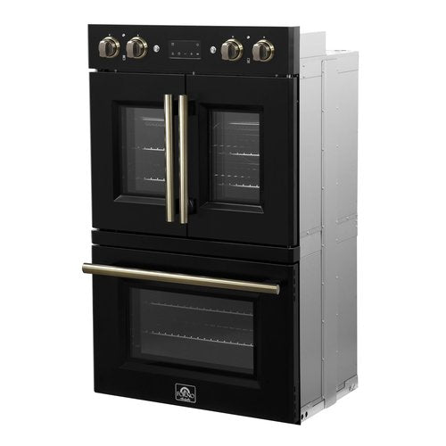 Forno Asti 30-Inch Double Electric Wall Oven with Upper French Doors in Black & Antique Brass – 7.36 Cu. Ft. Dual True Convection, 7200W, Air Fry, Sous Vide, Self-Cleaning Function