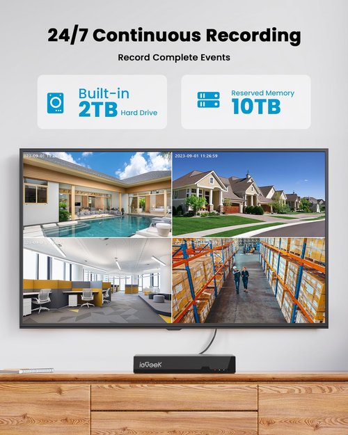 ieGeek 8MP PoE Security Camera System, 4pcs Wired Outdoor Cameras for Home Security with 355ยฐPan 90ยฐTilt, 8CH NVR with 2TB HDD, Automatic Human Tracking,AI Detection,2-Way Audio,Color Night Vision