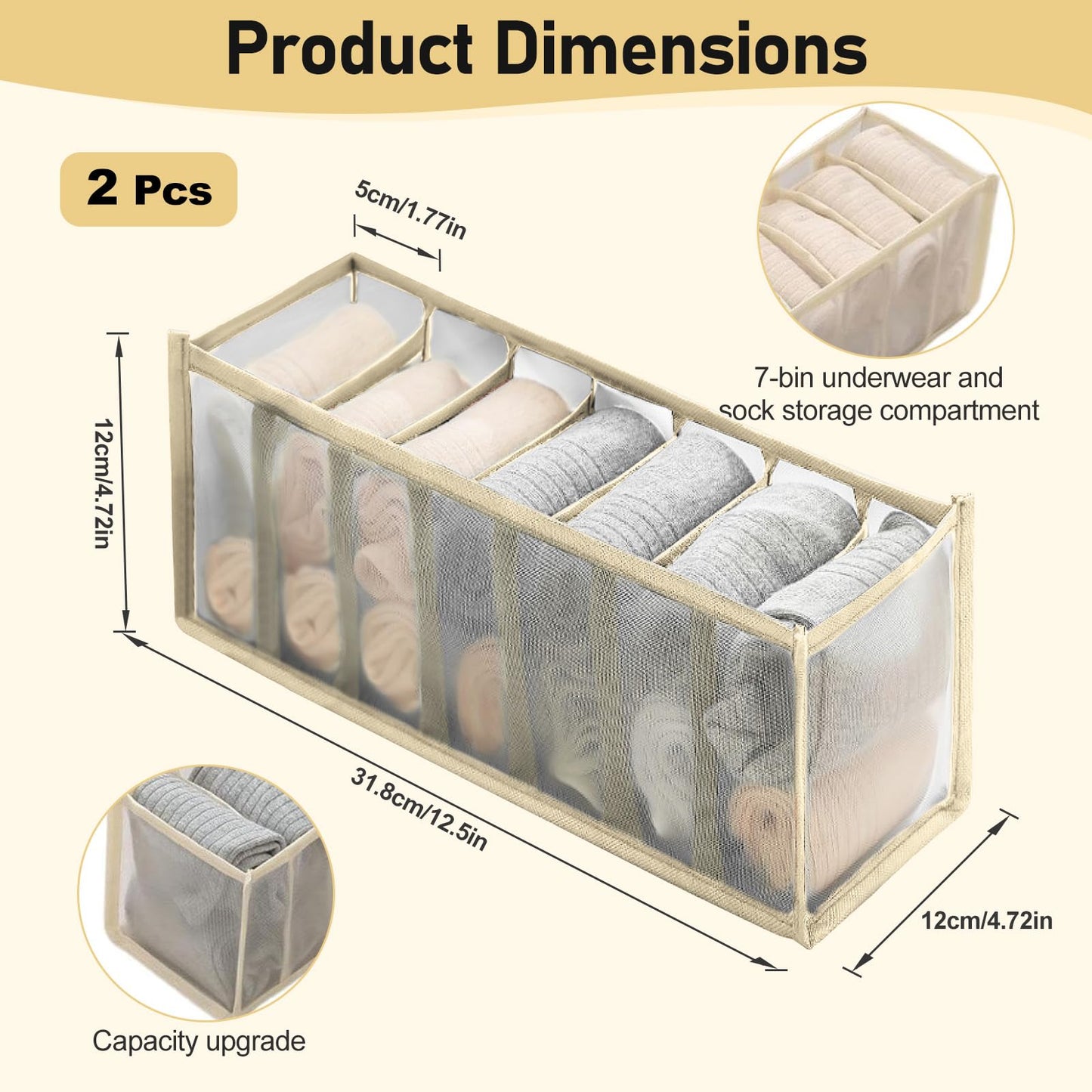 7 Girds Underwear Drawer Organizer Underwear Storage Box Foldable Socks Bra Wardrobe Storage Box(Beige,2Pcs,7 Grids)