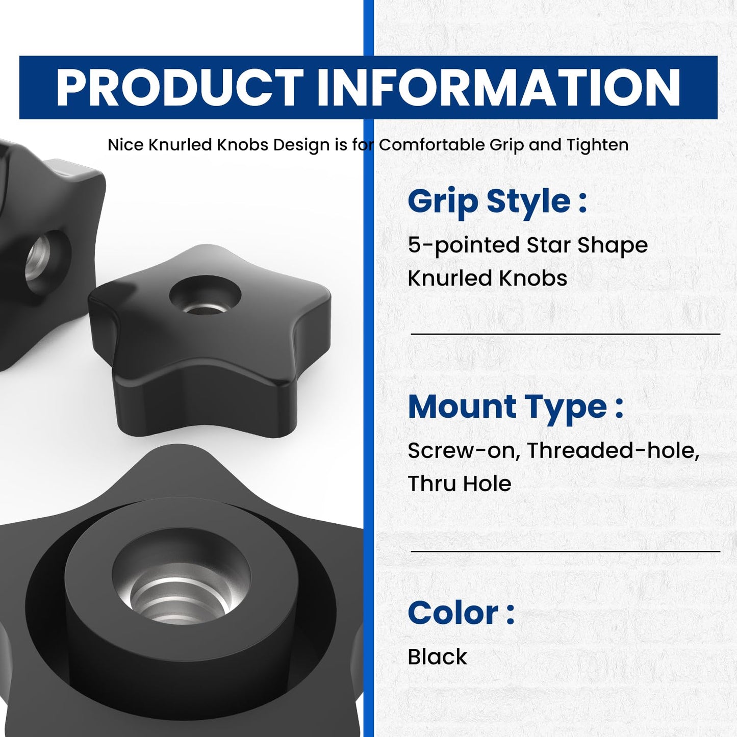 ZIUZI 5/16-18 Thread Knob Nut, 6 Pack 5/16 Star Shape Hand Tighten Clamping Knobs Black Screw-On Nuts
