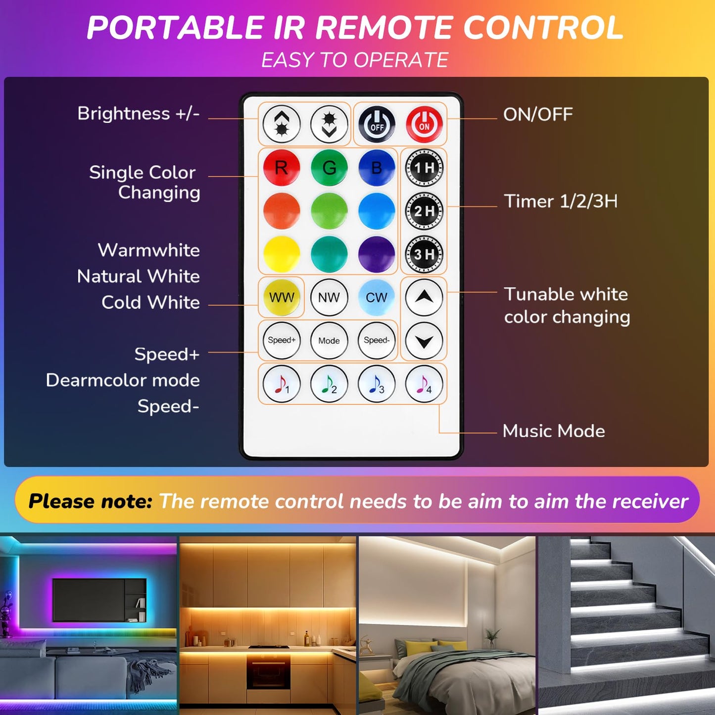 RGBWW+IC LED Strip Lights 50Ft, Dimmable Multi-Colored+3000K-6500K LED Lights with Remote and APP, Flexible Self-adhesive Color Changing LED Tape Lights, 24V Cuttable DIY Strip Lighting for Home Stair