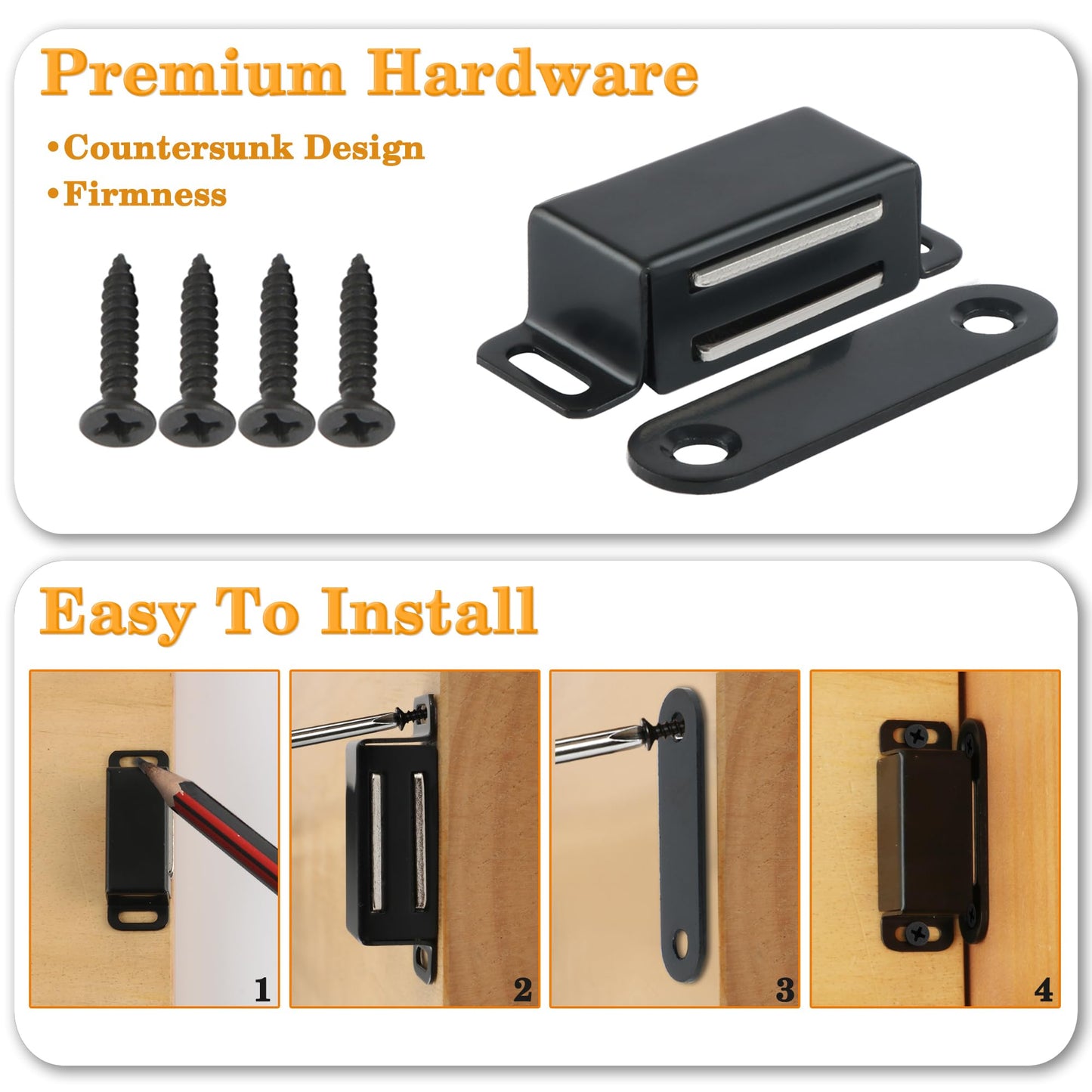 Alise Magnetic Cabinet Door Catch 4Pcs,Cabinet Door Magnets Catches Magnetic Door Closers for Cabinets,Stainless Steel Black Magnetic Cabinet Latch Door Latches for Closet Cupboard Drawer Kitchen