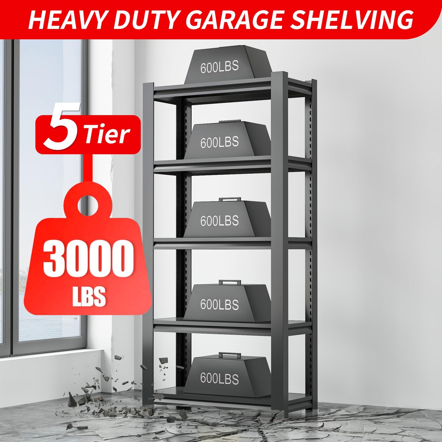 DARTIIA 72" H Garage Shelving 2500LBS Heavy Duty Storage Shelves Adjustable 5 Tier Metal Shelves for Storage Garage Industrial Shelving Utility Racks,16" D*36" W*72" H,Black