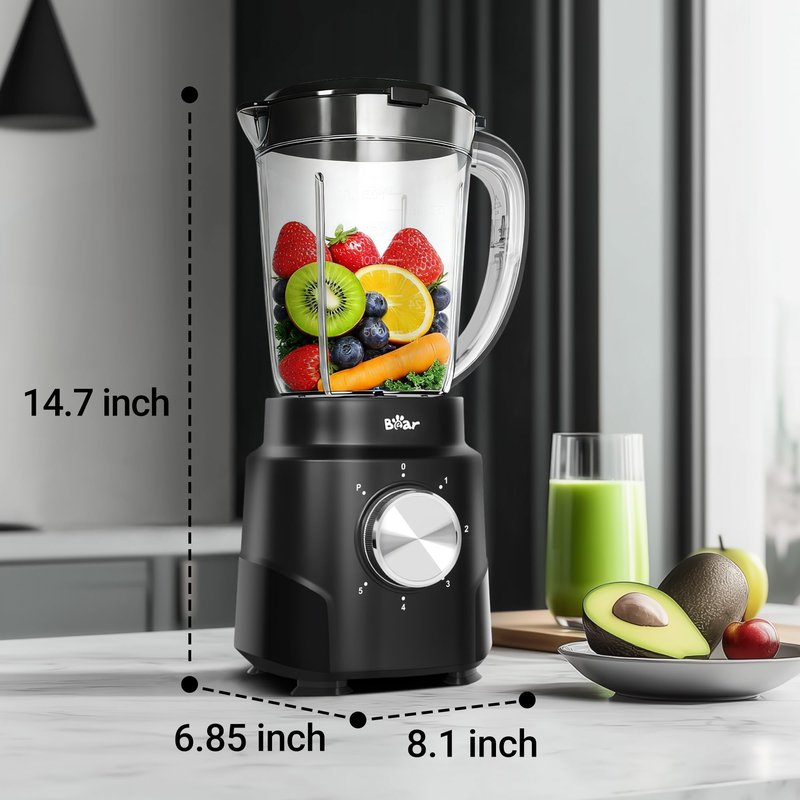 Bear 800W 6-Speed Blender, Smoothie Blender for Kitchen with 50oz(1.5L) BPA-Free Cup/Suction Feet/Feeding Hole/10 blades, Countertop Blender for Smoothies, Crush Ice, Frozen Fruit, Juice and Puree