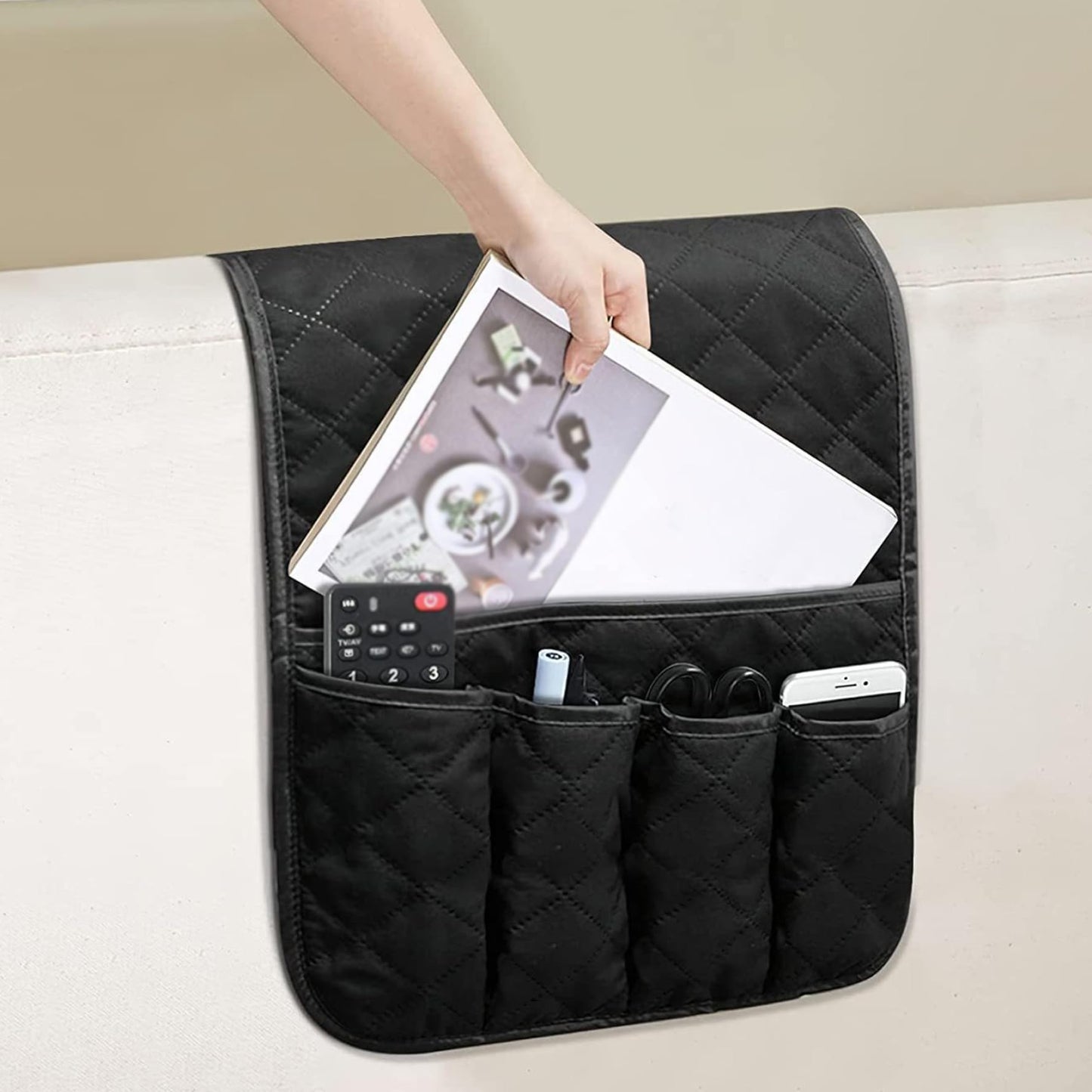 Whyzsjnclg Couch Armrest Remote Control Holder, Armchair Caddy, Non-Slip Sofa Armrest Organizer with 5 Pockets for Recliner Couch Sofa Chair, Phone, Book, Magazines