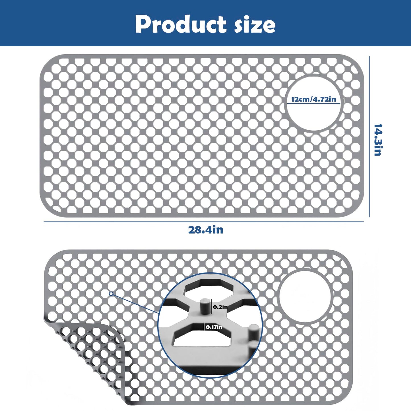 Kitchen Sink Silicone Protector - 28.4" by 14.3" Heat Resistant Non-Slip Silicone Sink Mat to Protect Stainless Steel Sink, Left and Right Drain (Gray)