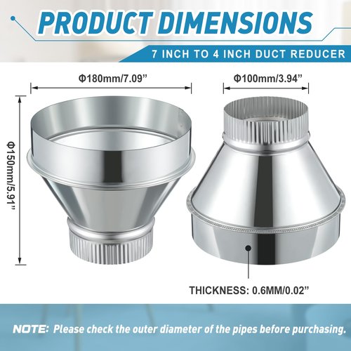 Otoolling 7 Inch to 4 Inch Duct Reducer Increaser Galvanized Steel Air Duct Adapter Round Crimped Pipe Connector Fitting Coupling for HVAC Ventilation Systems