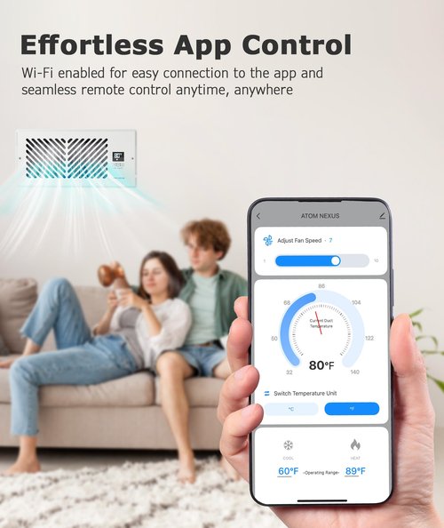 ATOM NEXUS Register Booster Fan for 4”x10” Vent (Fits 5-6.25" W x 9.73-10.25" L), Smart Vent Booster with Thermostat Control, Energy Efficient Household Ventilation Vent Fan, App Control