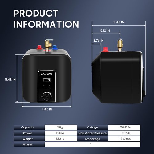 Aokawa Electric Mini Tank Water Heater 2.5 Gallon Under Sink Instant Hot Water Point of Use for RV Kitchen Bathroom Camper with Safety Vavle 1/2" NPT Wall or Floor Mounted